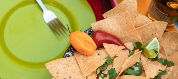 a tortilla chips near the salsa on a bowl