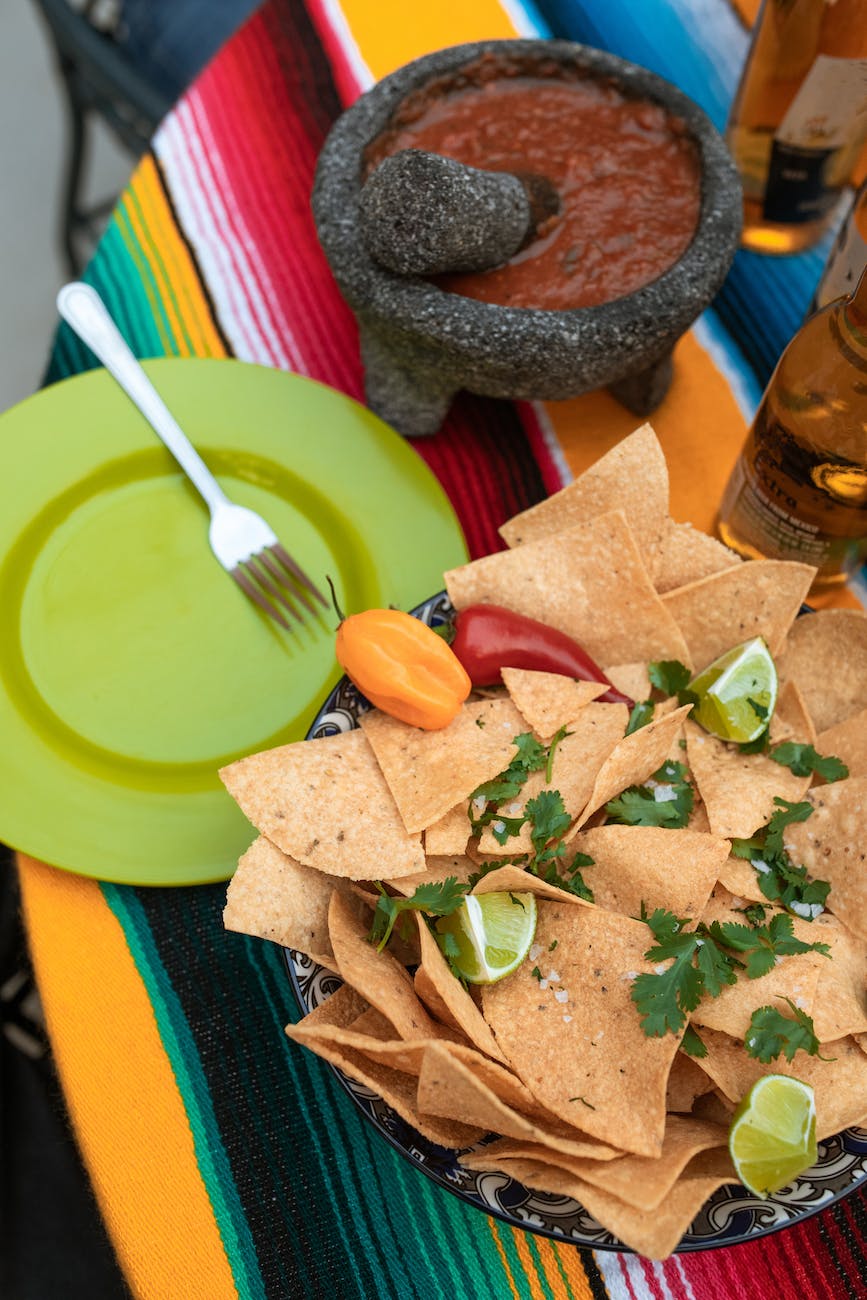 a tortilla chips near the salsa on a bowl